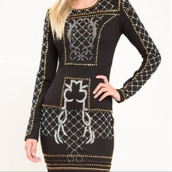 Black Bodycon Dress with Rhinestones - Picture 2 of 13